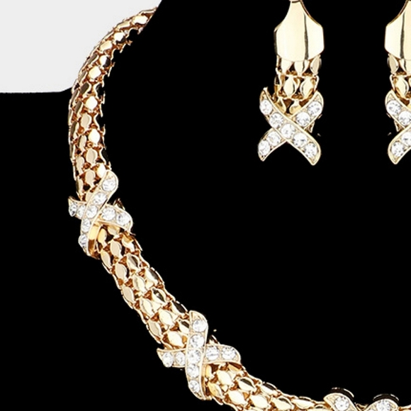Gold 3 Piece X Crossed Crystal Necklace Jewelry Set Rhinestone Statement Chain - Picture 2 of 5
